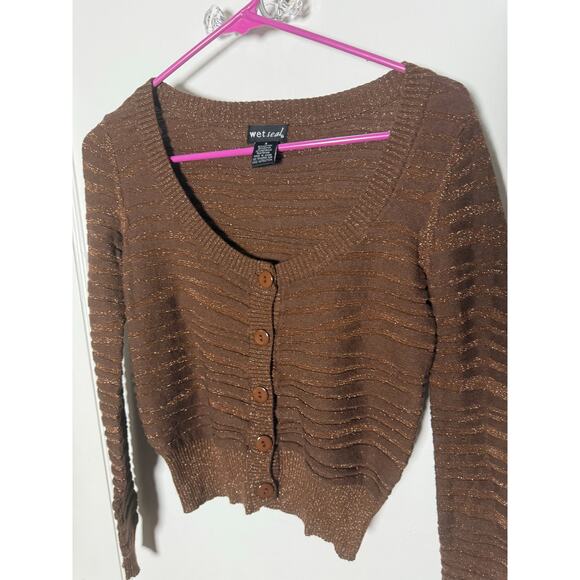 Vintage Y2K Wet Seal Brown Cropped Shimmer Cardigan Sweater Romcom Slimming SM - Picture 3 of 9